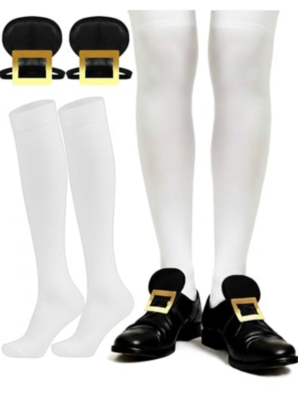 Colonial Shoe Buckle and White Knee-High Socks Set Costume Accessory